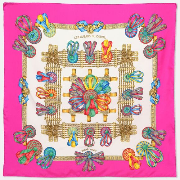 Hermes Pink Multicolor Printed Silk Les Rubans Du Cheval Scarf